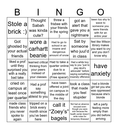 Western Washington University Bingo Card