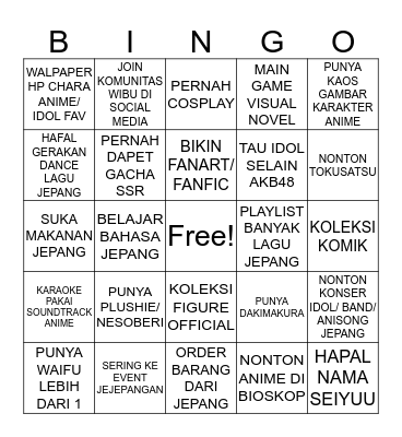 Wibu Binggo Bingo Card