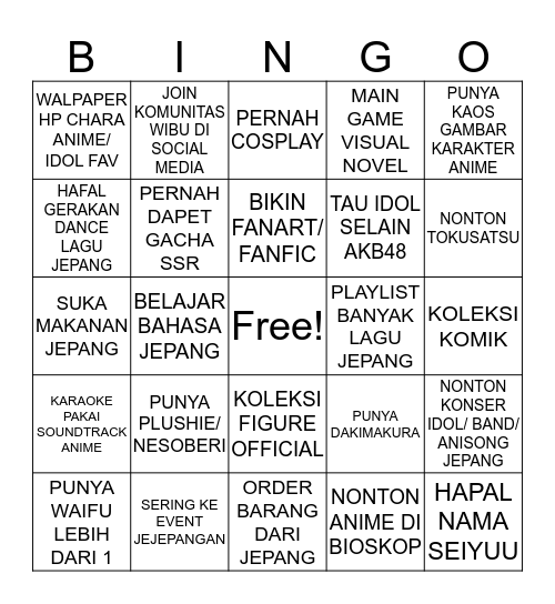 Wibu Binggo Bingo Card