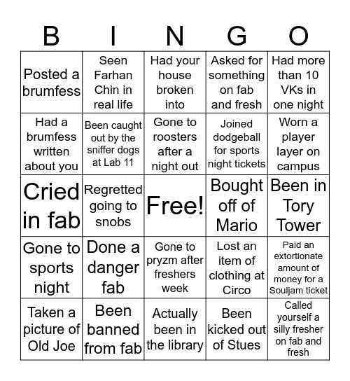 UoB Bingo Card