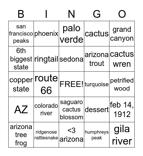 arizona  Bingo Card