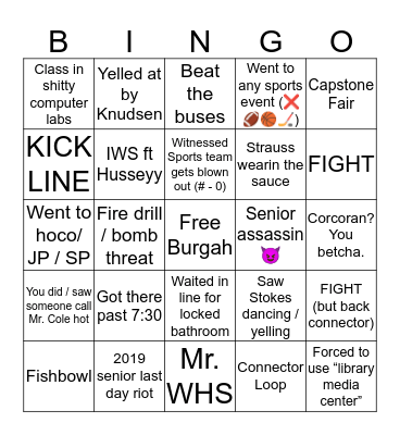 Weymouth High Bingo Card