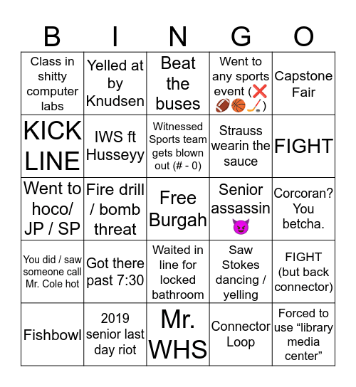 Weymouth High Bingo Card