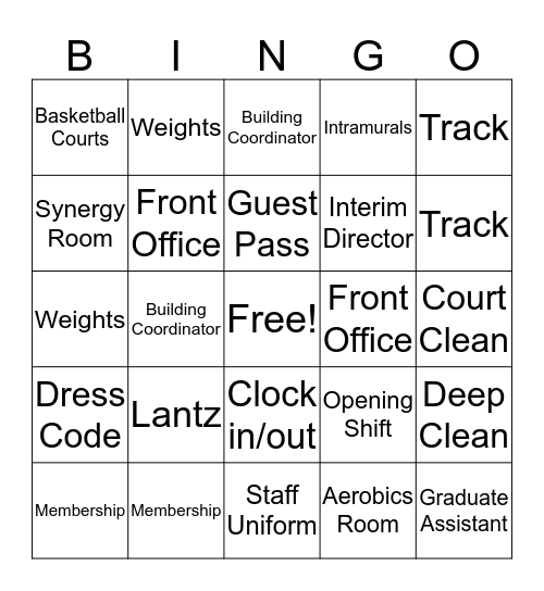 Rec Staff Bingo Card