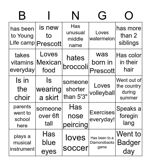 Phys Ed Bingo Card