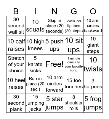 TC: Home Fitness Bingo Card
