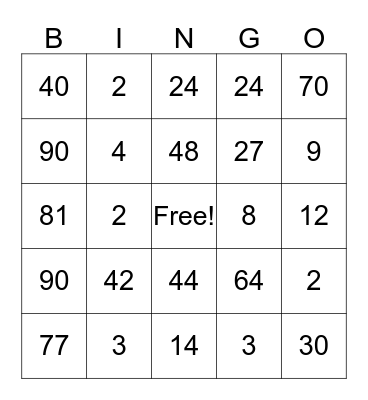 Multiplication/Division Bingo Card