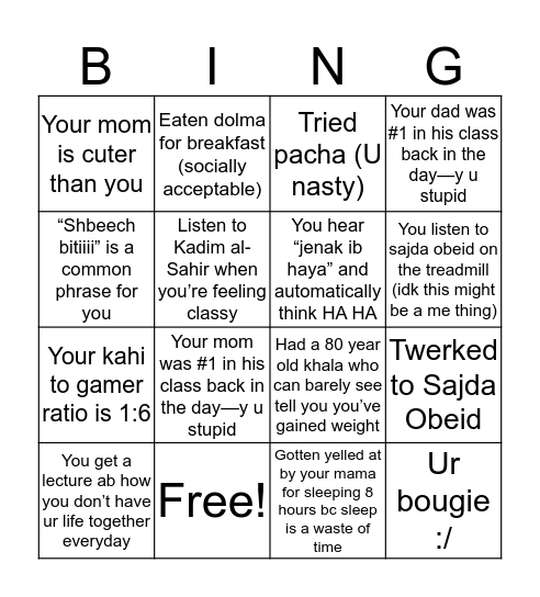 #iraqiGirl BINGO Card