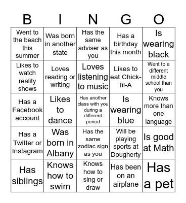 Meeting New People Bingo Card