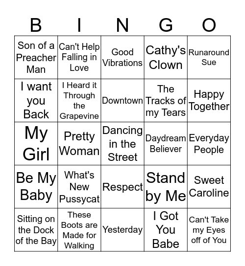 Hits of the 1960's Bingo Card