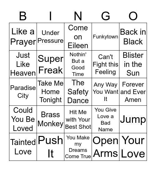 Totally Awesome 80's Bingo Card