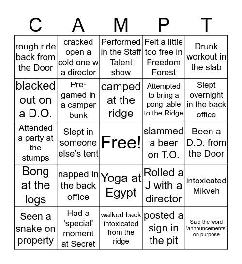 Camp Tawonga Extreme Bingo Card