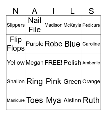 Aislinn's Spa Birthday Party Bingo Card