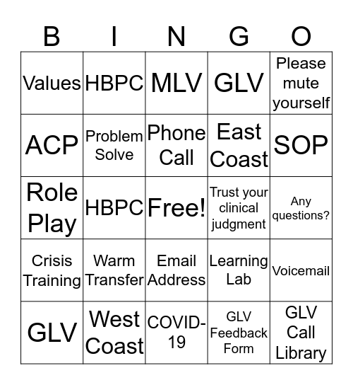 GLV Team Bingo Card