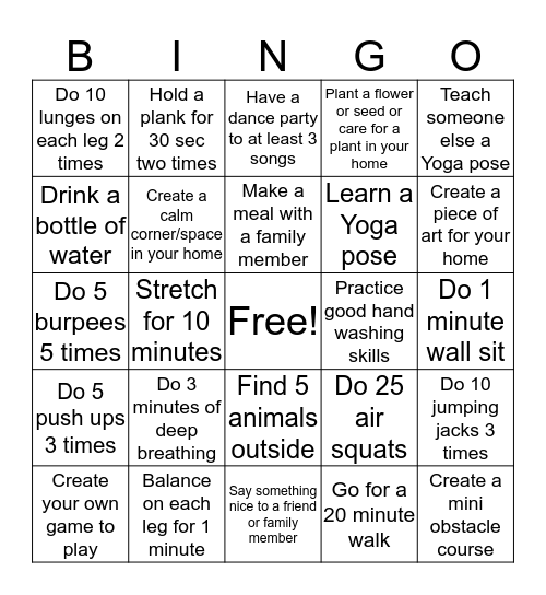 PE/Wellness Bingo Card