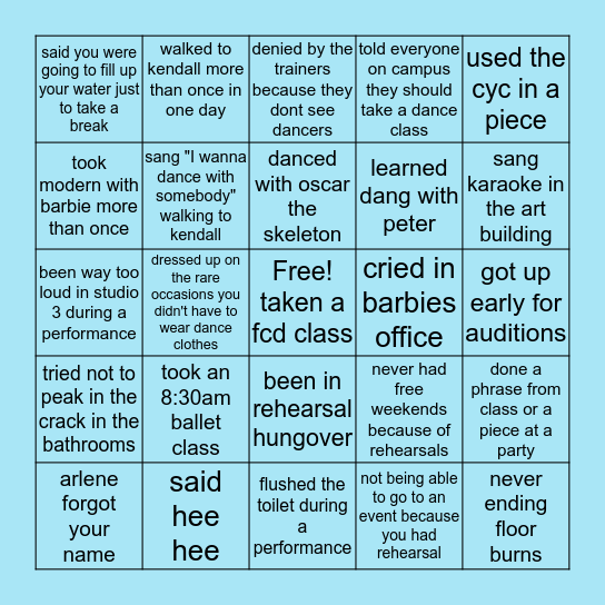 MHC Dancer Bingo Card