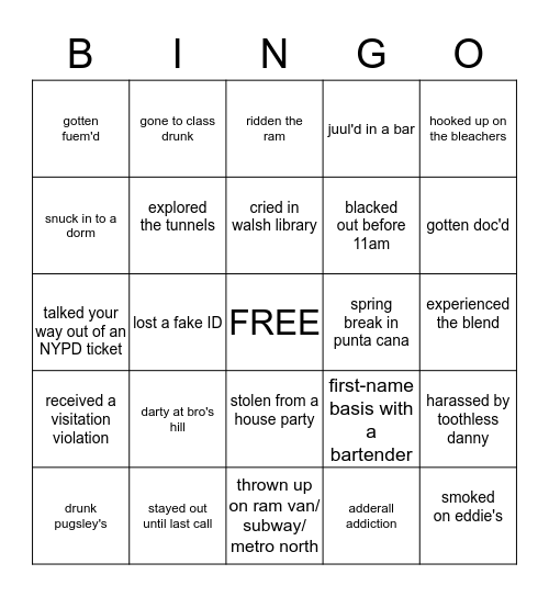 Fordham Bingo Card