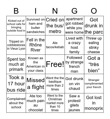 Lyon, FR Study Abroad Bingo Card