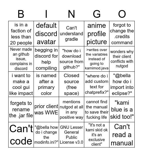 Kami Skid Bingo Card