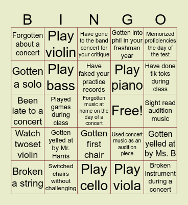 WHS Orchestra Bingo Card