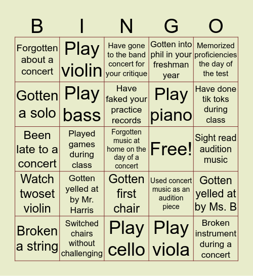 WHS Orchestra Bingo Card
