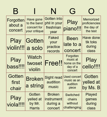 WHS Orchestra Bingo Card