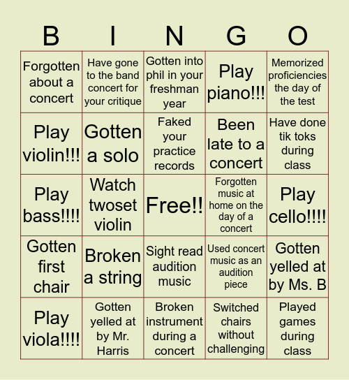 WHS Orchestra Bingo Card