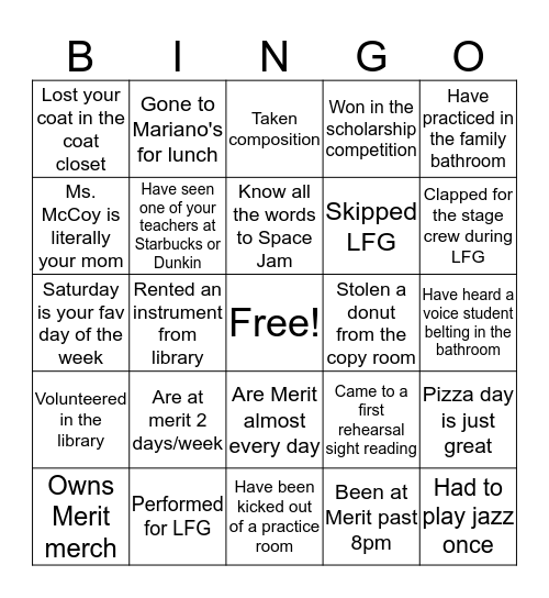 Merit School of Music conservatory Bingo Card