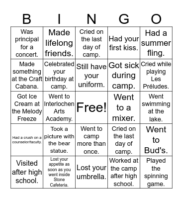 Interlochen Arts Camp Bingo Card