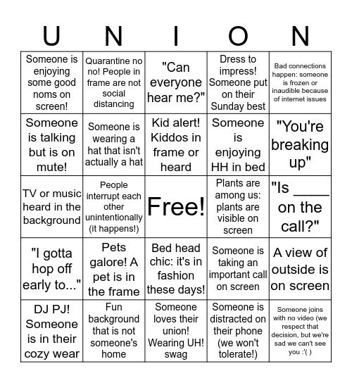 UNION Bingo Card