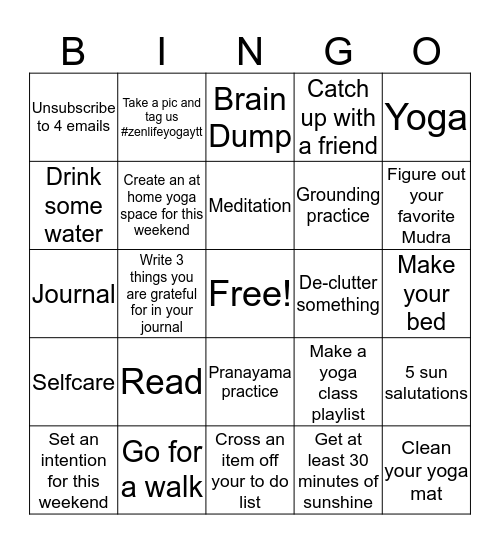 Zen Life Yoga Teacher Training Bingo Card