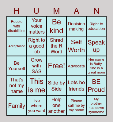 Self Advocacy Bingo Card