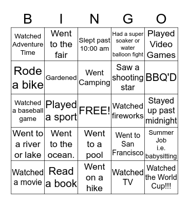 Room 23 Summer Fun Bingo Card