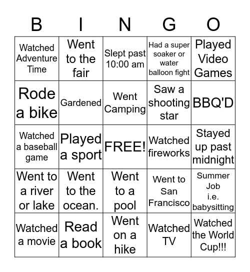 Room 23 Summer Fun Bingo Card