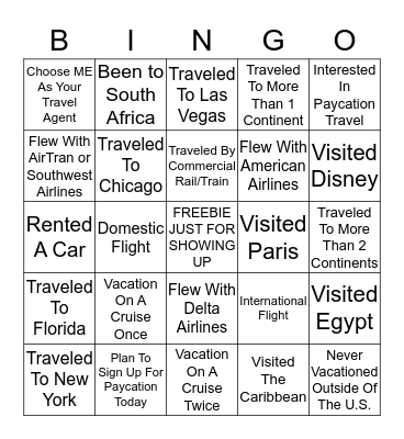 Paycation Travel Bingo Card