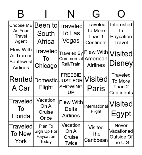 Paycation Travel Bingo Card