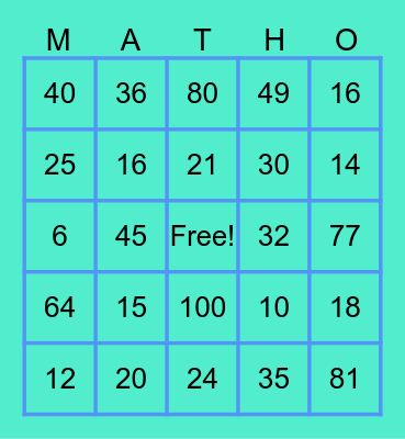Multiplication BINGO Card