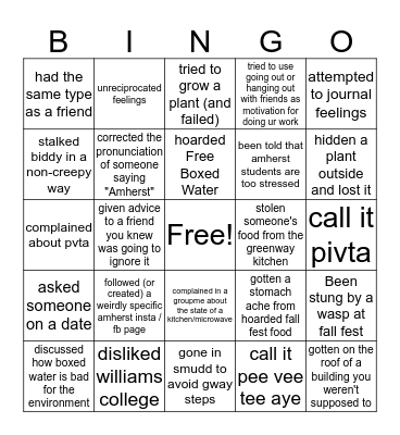 Pure Amherst College Bingo Card