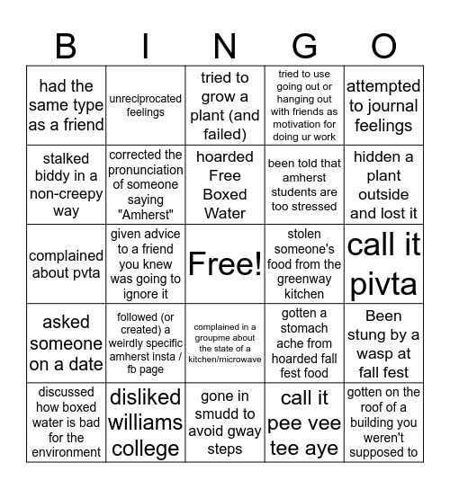 Pure Amherst College Bingo Card