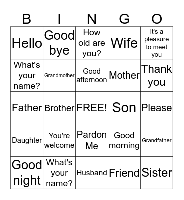 English Bingo Card