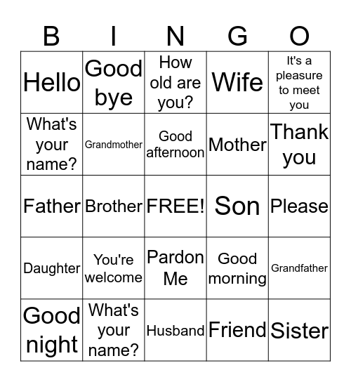 English Bingo Card