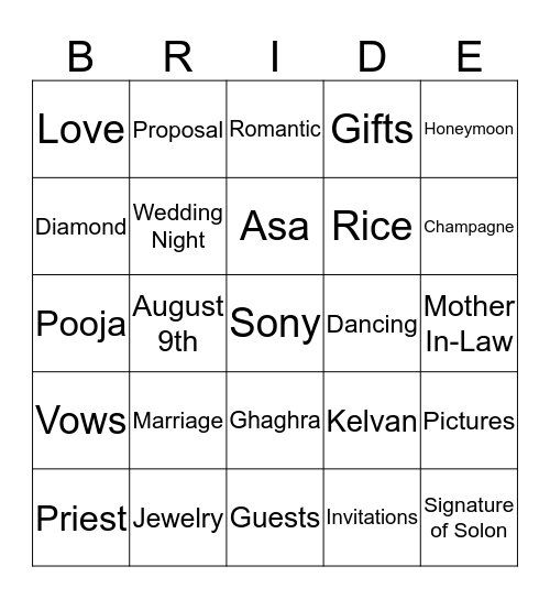 BRIDAL SHOWER  Bingo Card