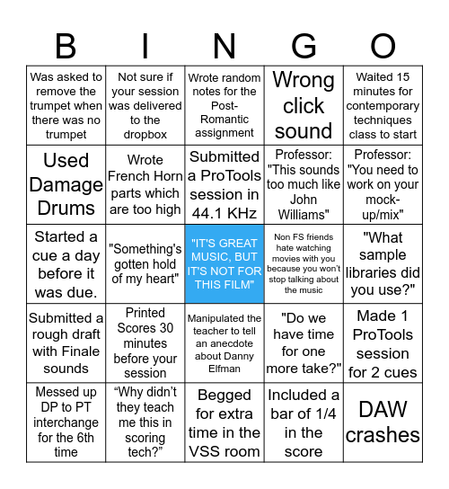Berklee Film-Scoring Bingo Card