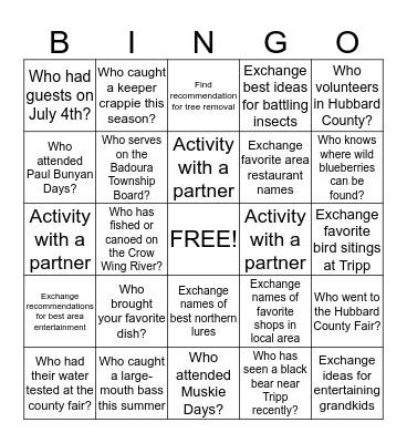 Tripp Lake Association Party Bingo Card