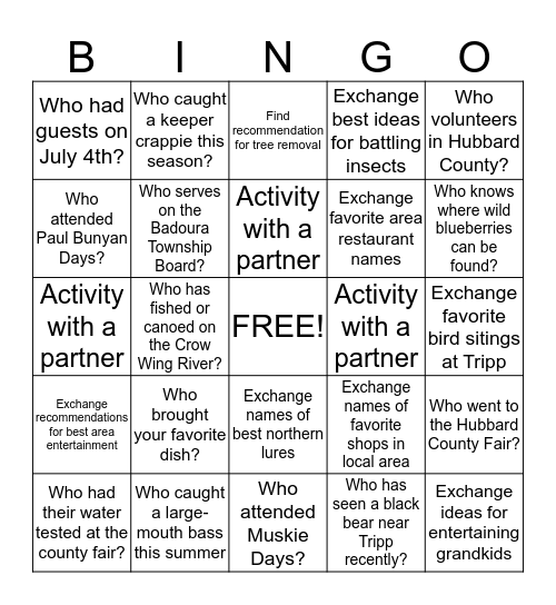 Tripp Lake Association Party Bingo Card