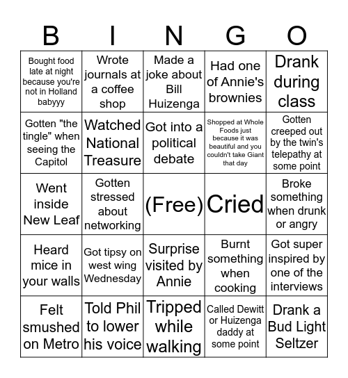 DC Semester Bingo Card