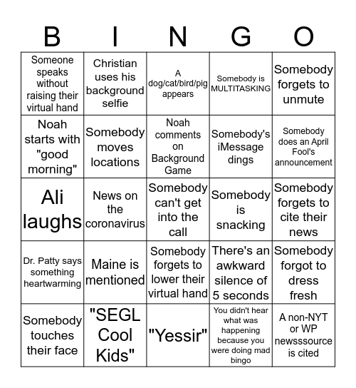 MORNING MEETING BINGO Card