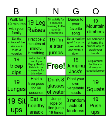 Healthy Kids Club Bingo Card