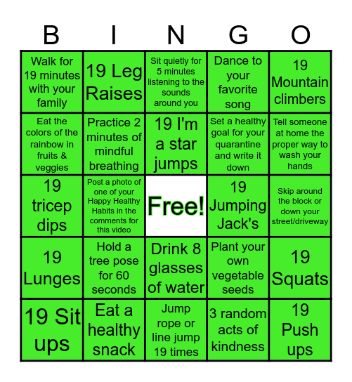 Healthy Kids Club Bingo Card