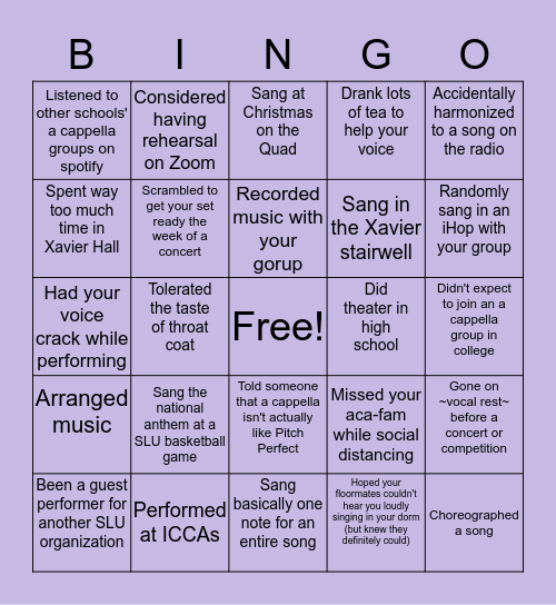 SLU A Cappella Bingo Card